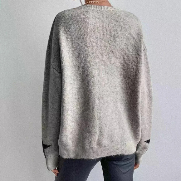Grey Casual Women's Drop Shoulder Star Pattern Sweater - Picture 3 of 6